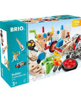 Brio Builder Construction Set toy box, 34357, featuring a turquoise and white design with illustrations of wooden gears, wheels, and small vehicles, and a yellow badge indicating 136 pieces.