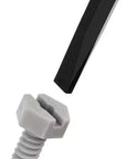 Close-up of a light gray plastic wing clip screw with a black metal strip above it on a white background.