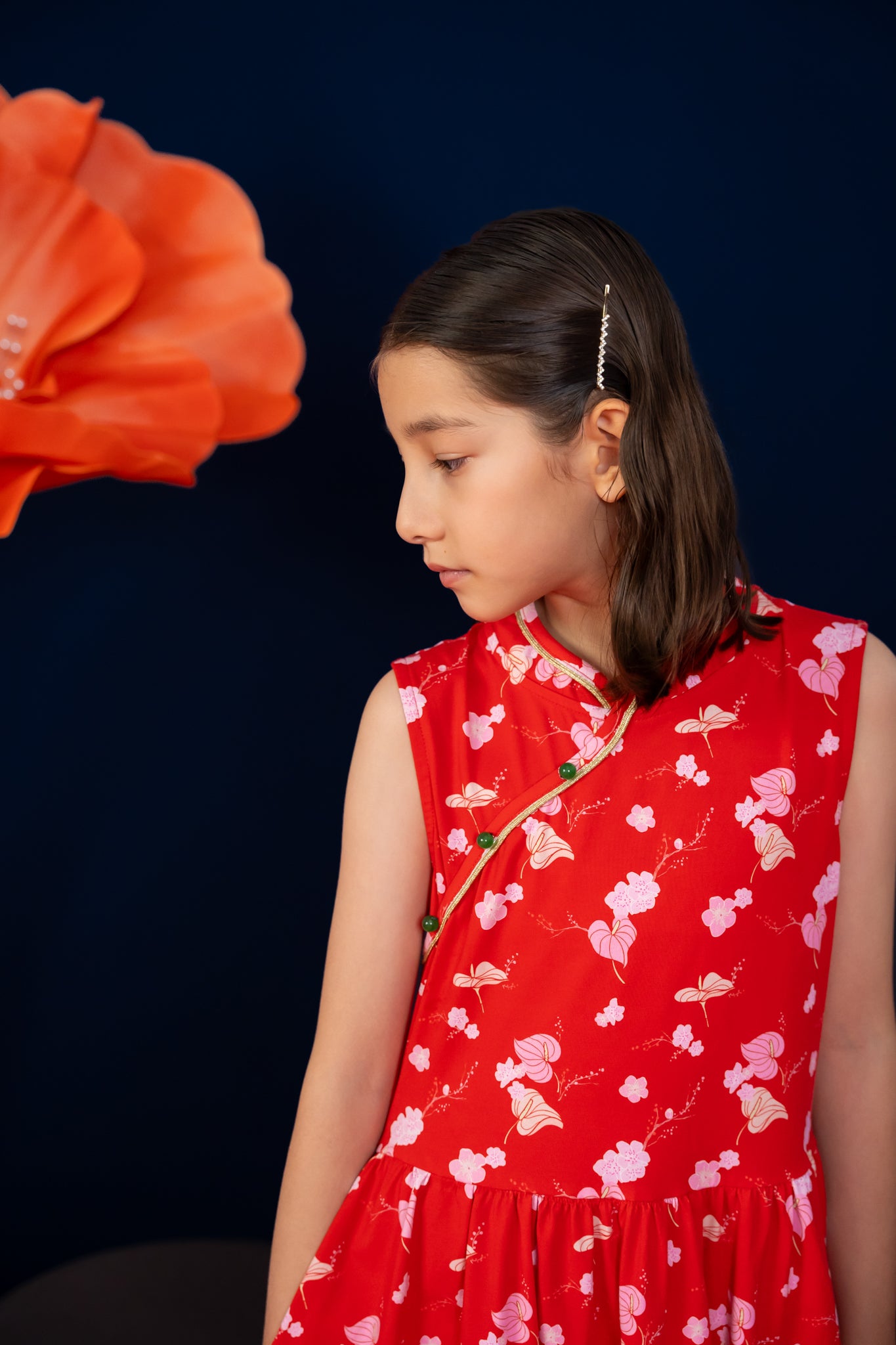Jersey Luna Cheongsam - Red Blossom Lily