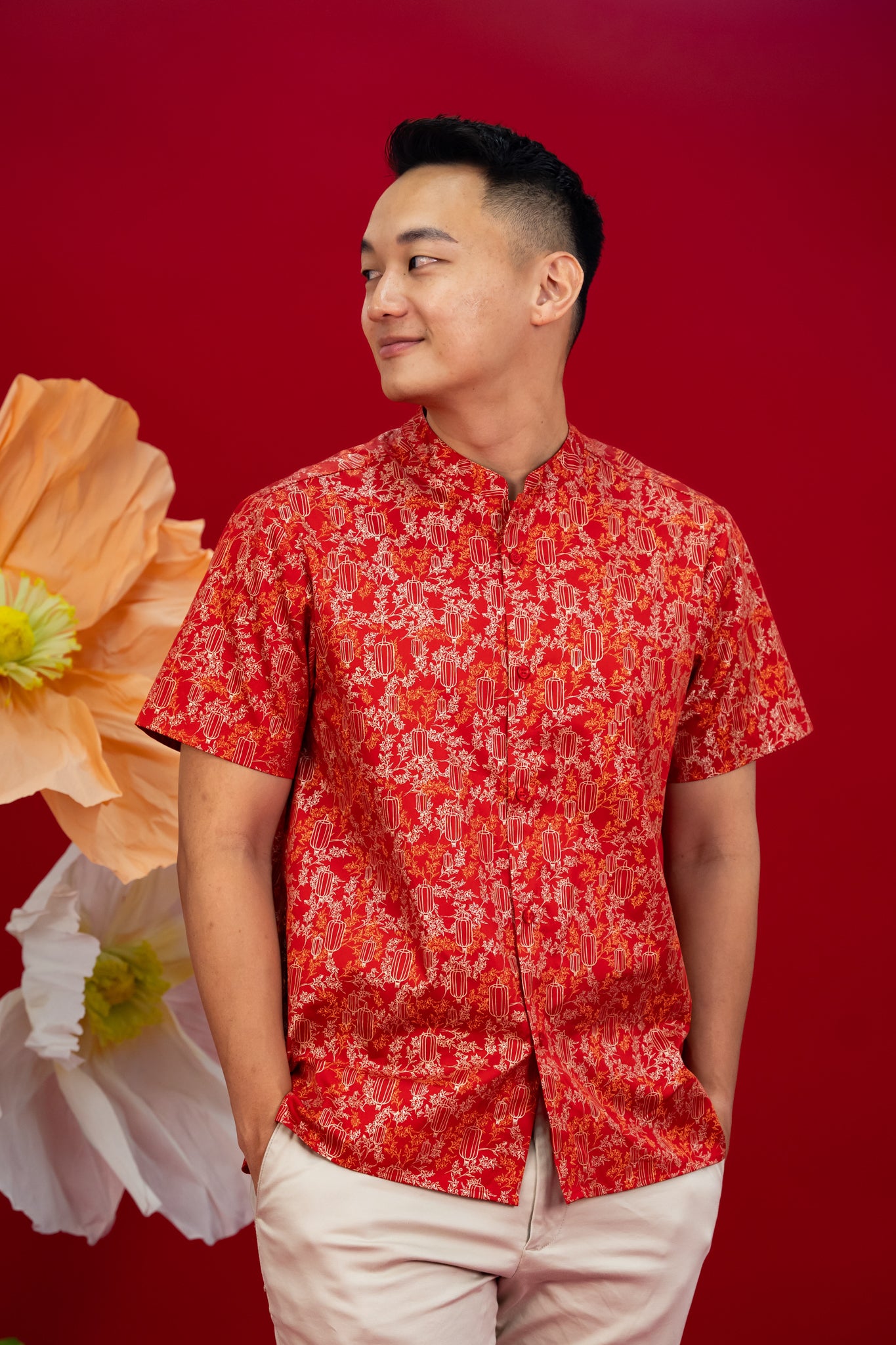 Men's Mandarin-collared Shirt -  Red Lanterns