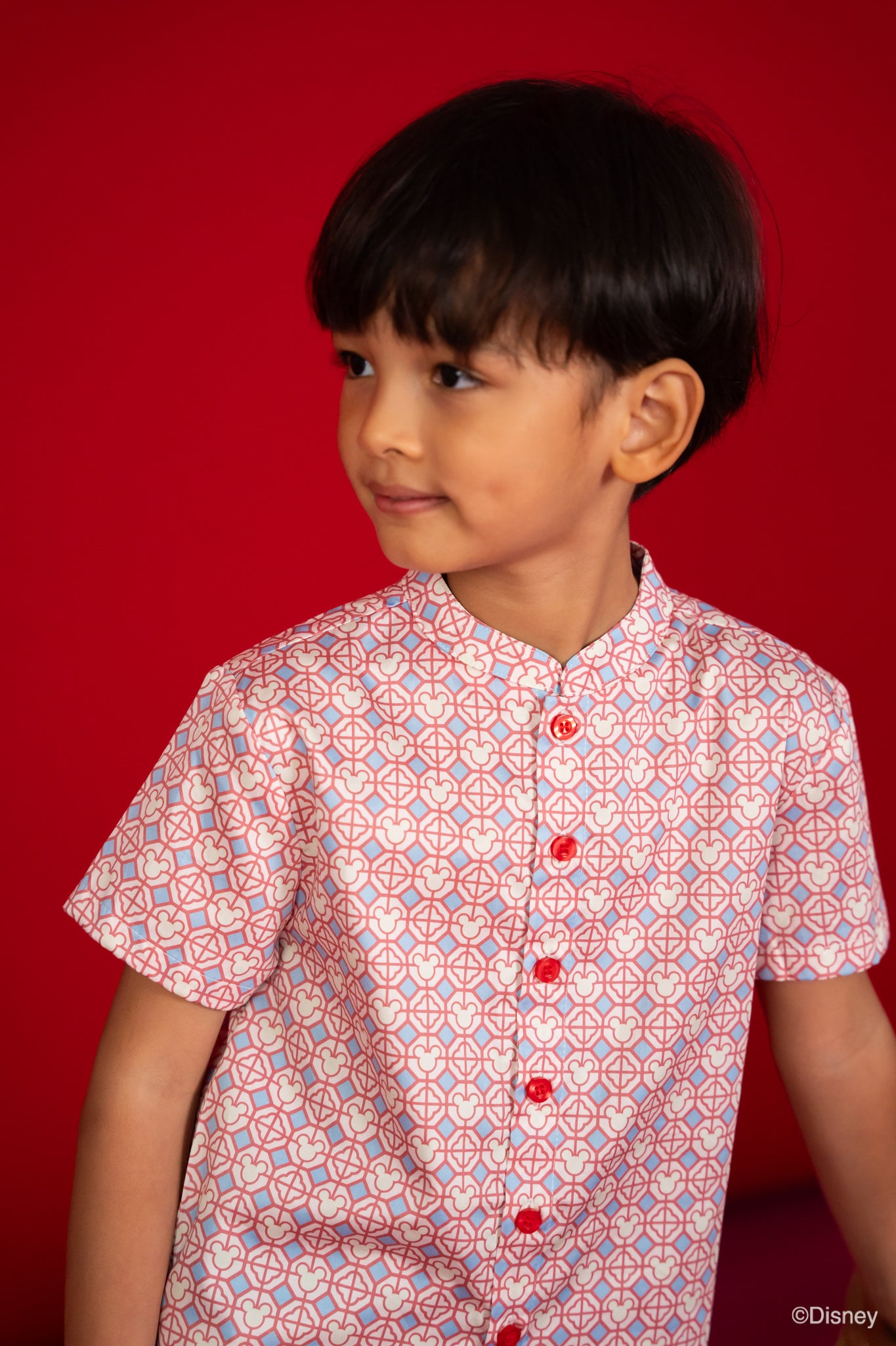 Mandarin-collared Shirt - Pink Mickey Tiles