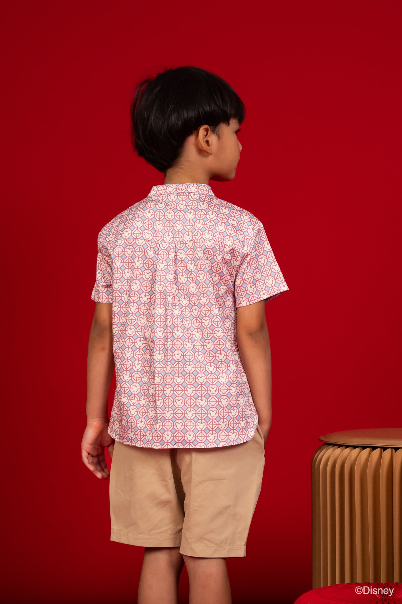 Mandarin-collared Shirt - Pink Mickey Tiles
