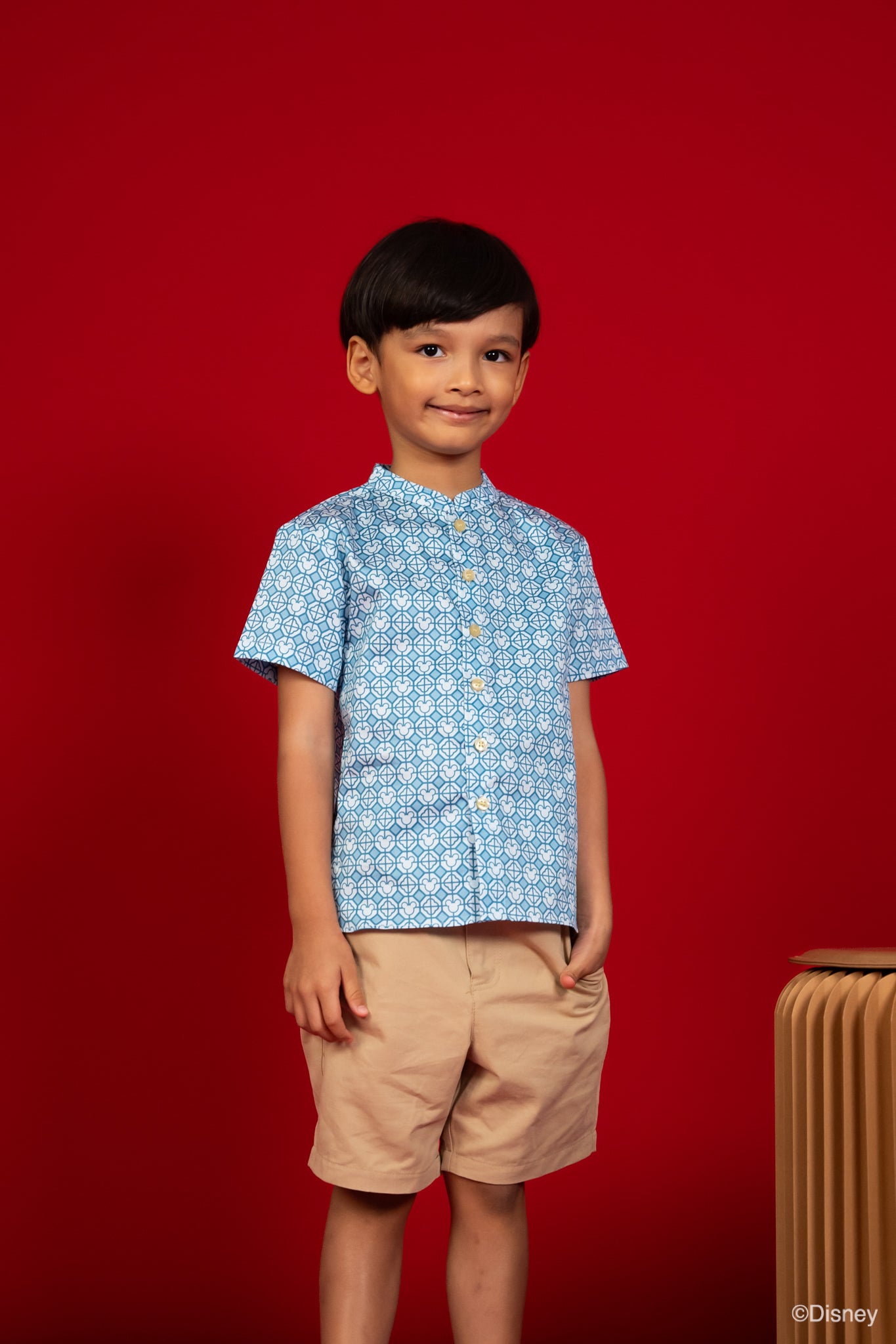 Mandarin-collared Shirt - Blue Mickey Tiles