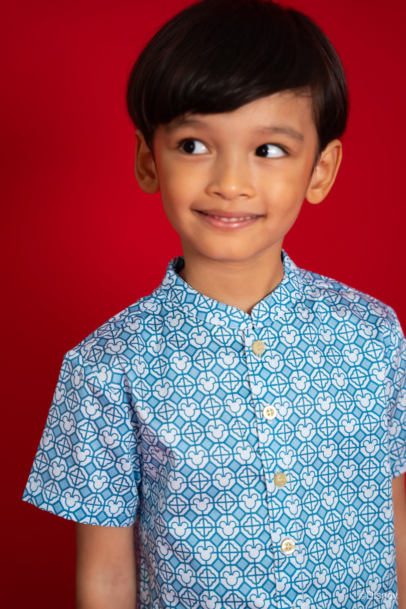 Mandarin-collared Shirt - Blue Mickey Tiles