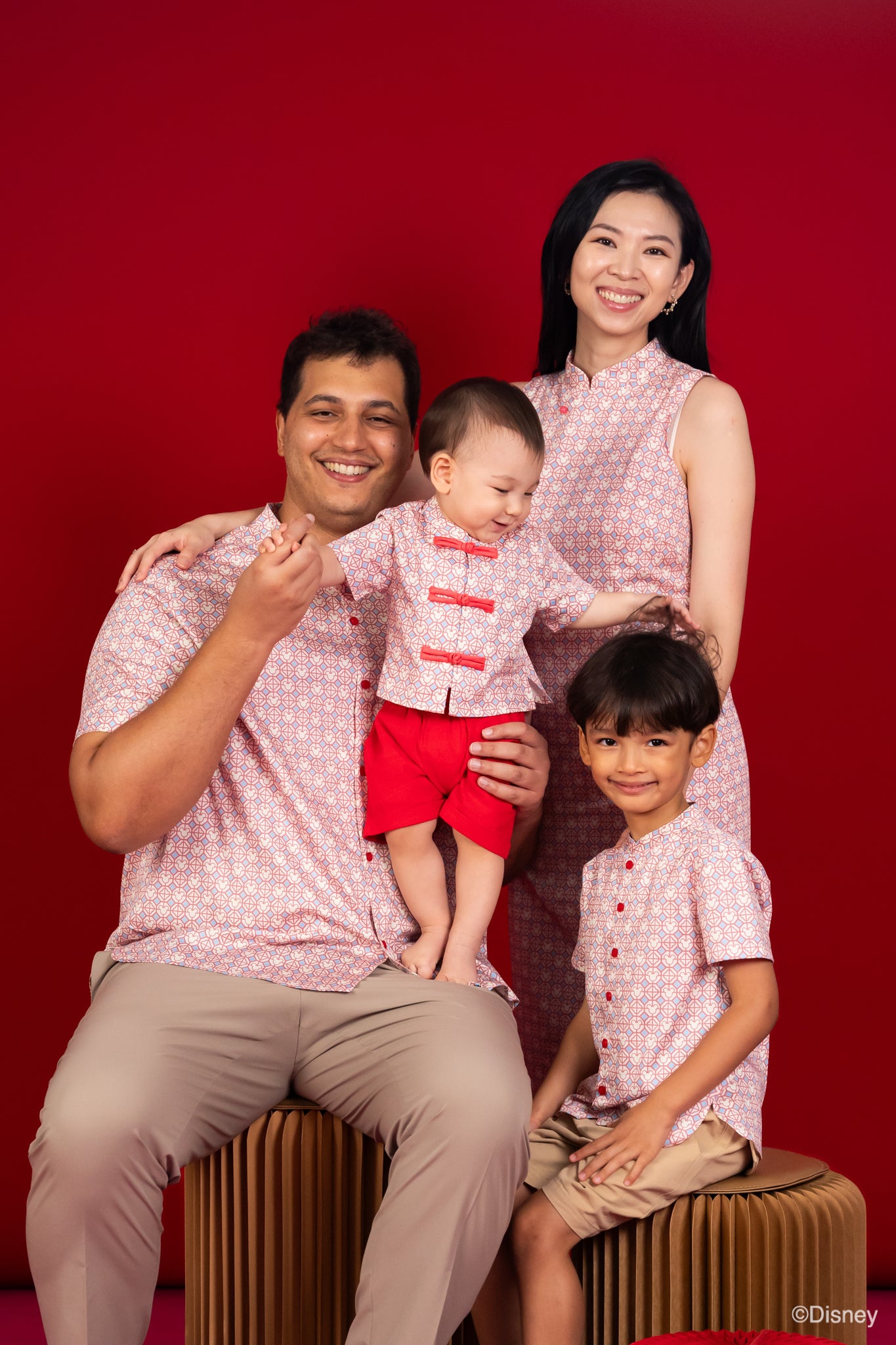 Mandarin-collared Shirt - Pink Mickey Tiles