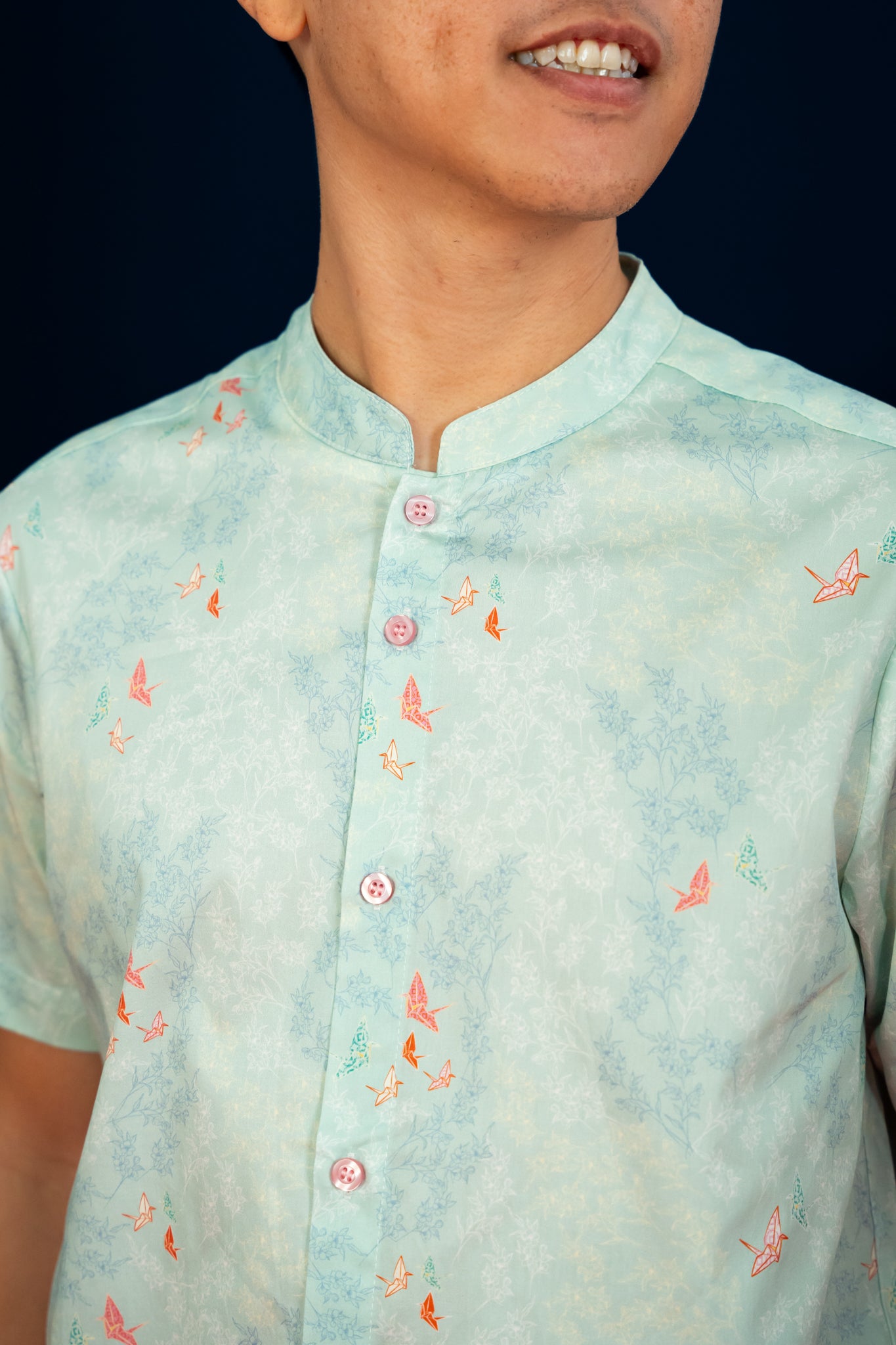 Men's Mandarin-collared Shirt -  Teal Cranes