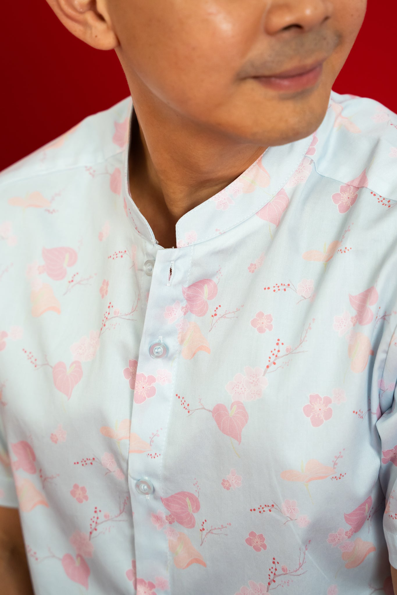 Men's Mandarin-collared Shirt -  Blue Blossom Lily