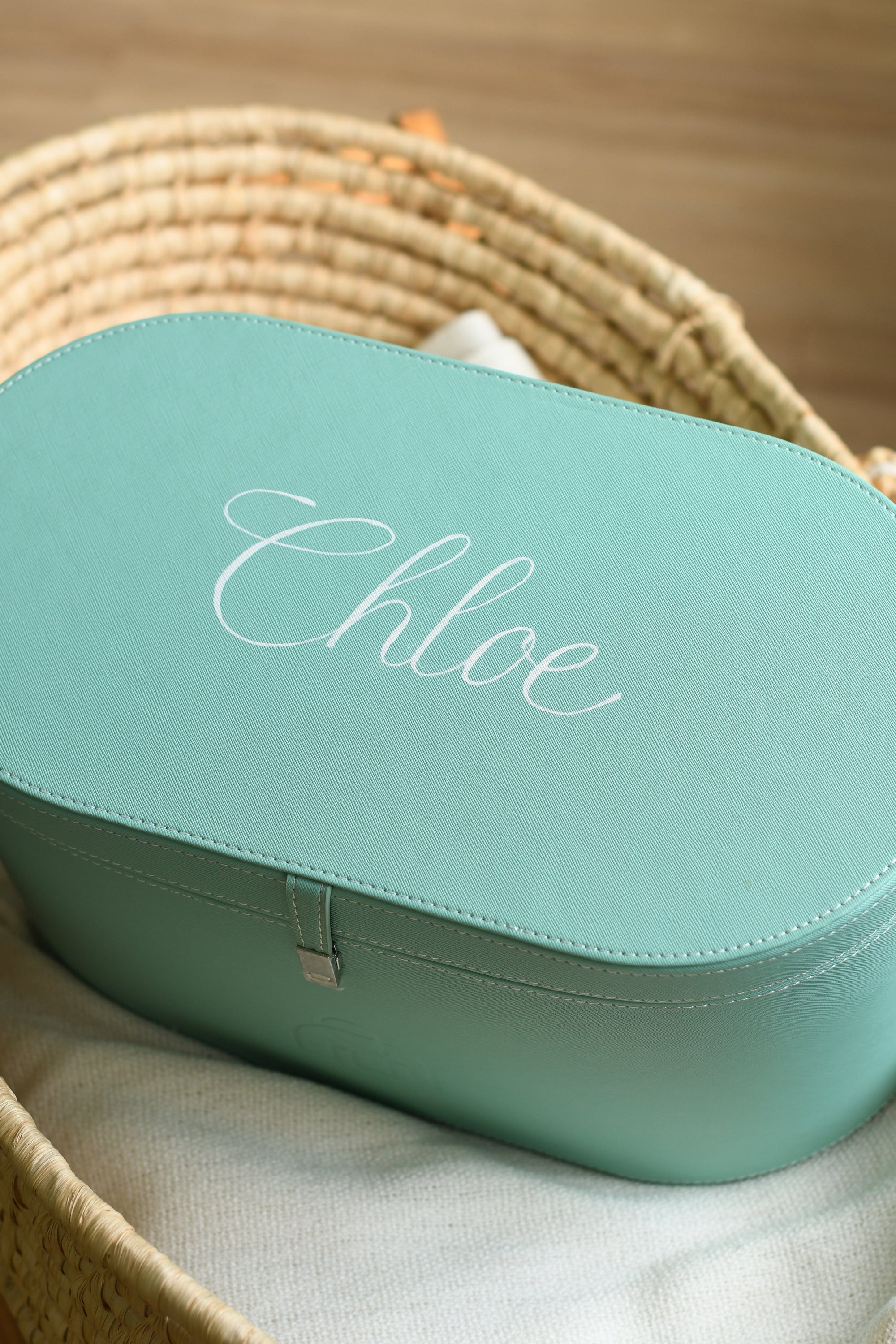 Chloe's teal baby keepsake box in a basket - DSC_0970