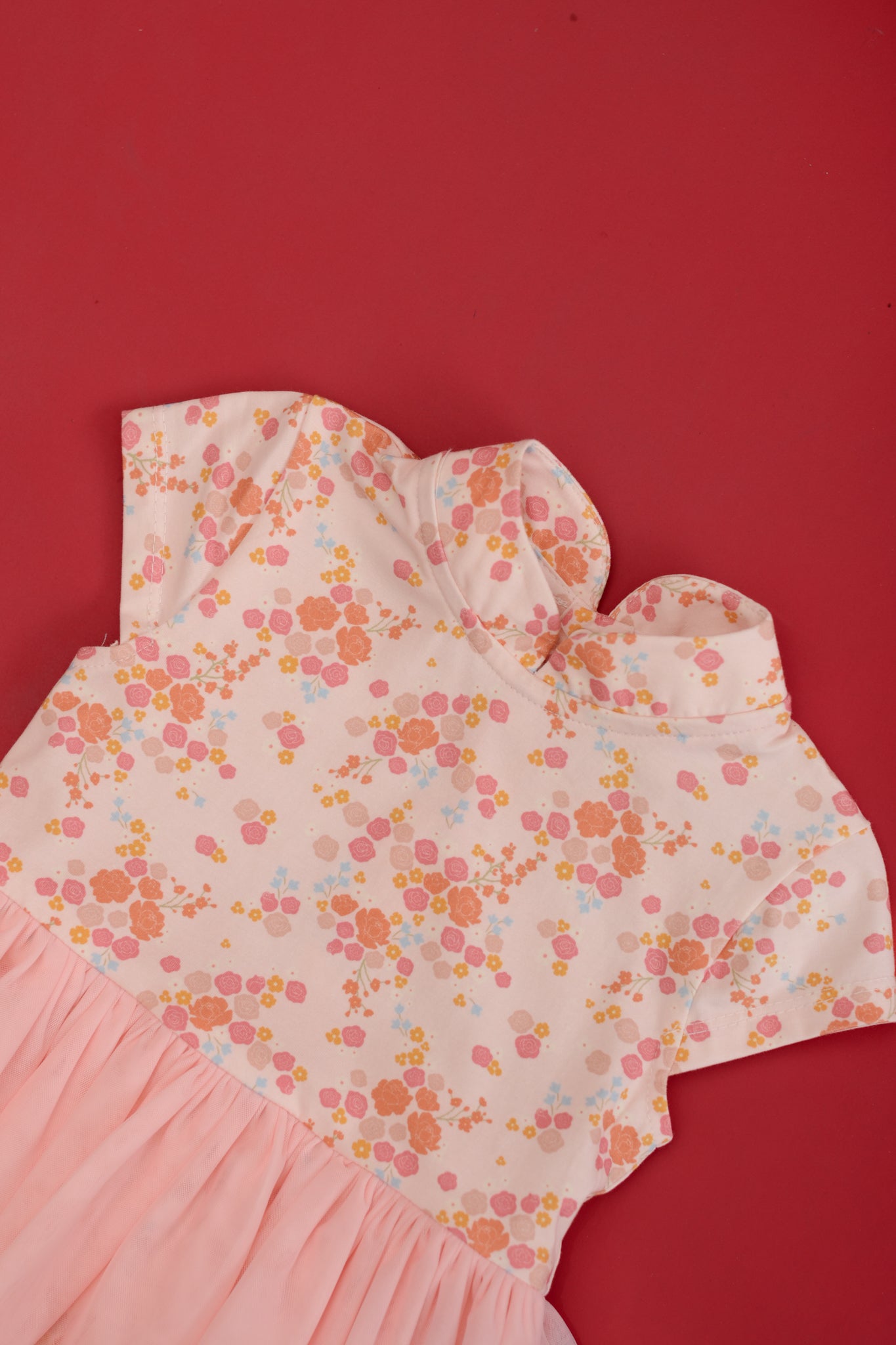 Mandarin-collared Tulle Onesie - Pink Floral