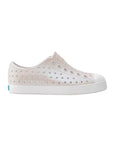 Native white iridescent perforated slip-on shoes with breathable design and lightweight comfort