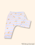 Close-up of baby leggings with blue striped Pooh print, soft stretch fabric and elastic waistband