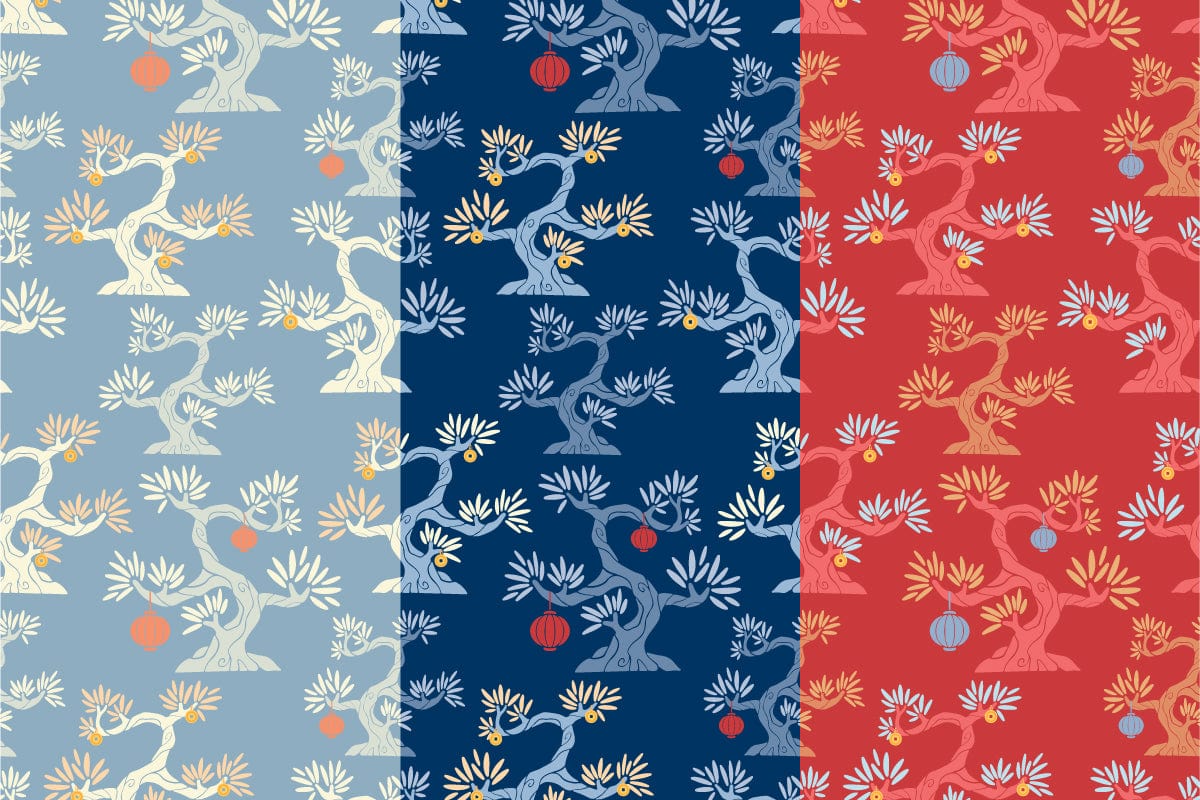Lucky Bonsai pattern in blue, navy, and red
