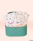 Baby gift with clara dress, jersey blanket and mickey and friends milestone card in personalised turquoise gift box
