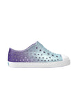 Side view of Native Jefferson Child shoes in Fresco Twirling Bio-Bling purple and light blue gradient with biodegradable glitter and white shell sole.