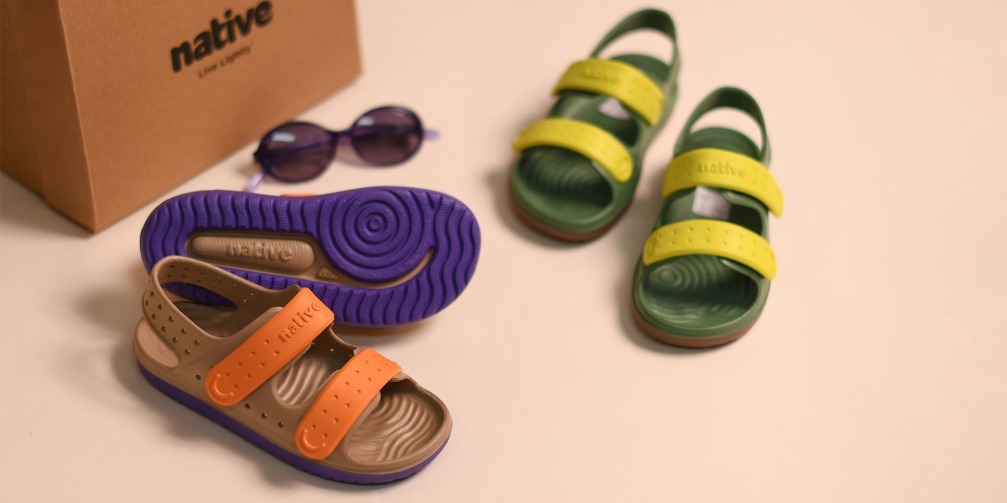 Native brand sandals and sunglasses.