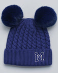 Blue knit beanie with double pom-poms