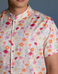 Men's Mandarin-collared Shirt - Colourful Chrysanthemums