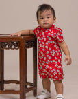 Mandarin-collared Romper - Red Fans