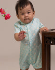 Mandarin-collared Romper - Teal Plaid Tiles