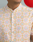 Men's Mandarin-collared Shirt - Cream Lucky Coins