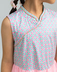 Flare Tulle Cheongsam - Pink Teal Mosaic