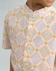 Mandarin-collared Shirt - Cream Lucky Coins