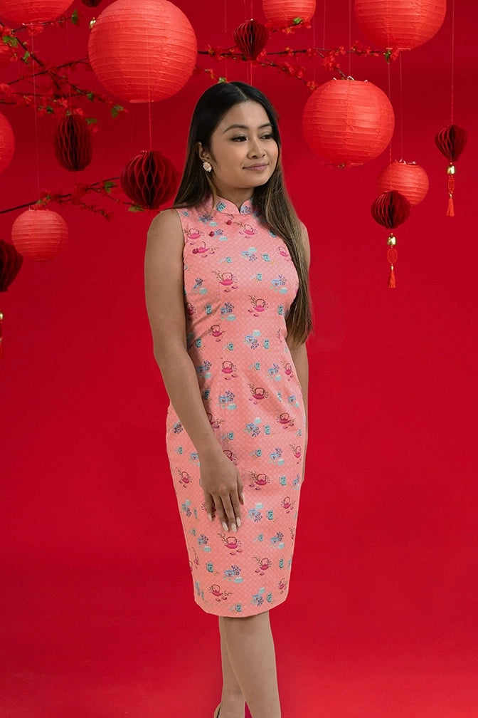 mini chinese dress for women Ladies Mini Peony Cheongsam Pink Teapots