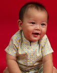 Mandarin-collared Romper - Yellow Blue Mosaic
