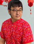 Men's Mandarin-collared Polo Tee - Red Floral Bamboo