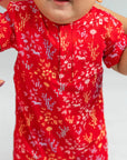 Mandarin-collared Polo Romper - Red Floral Bamboo