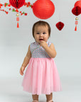 Flare Tulle Cheongsam - Pink Teal Mosaic