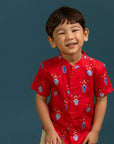 Mandarin-collared Shirt - Red Vases