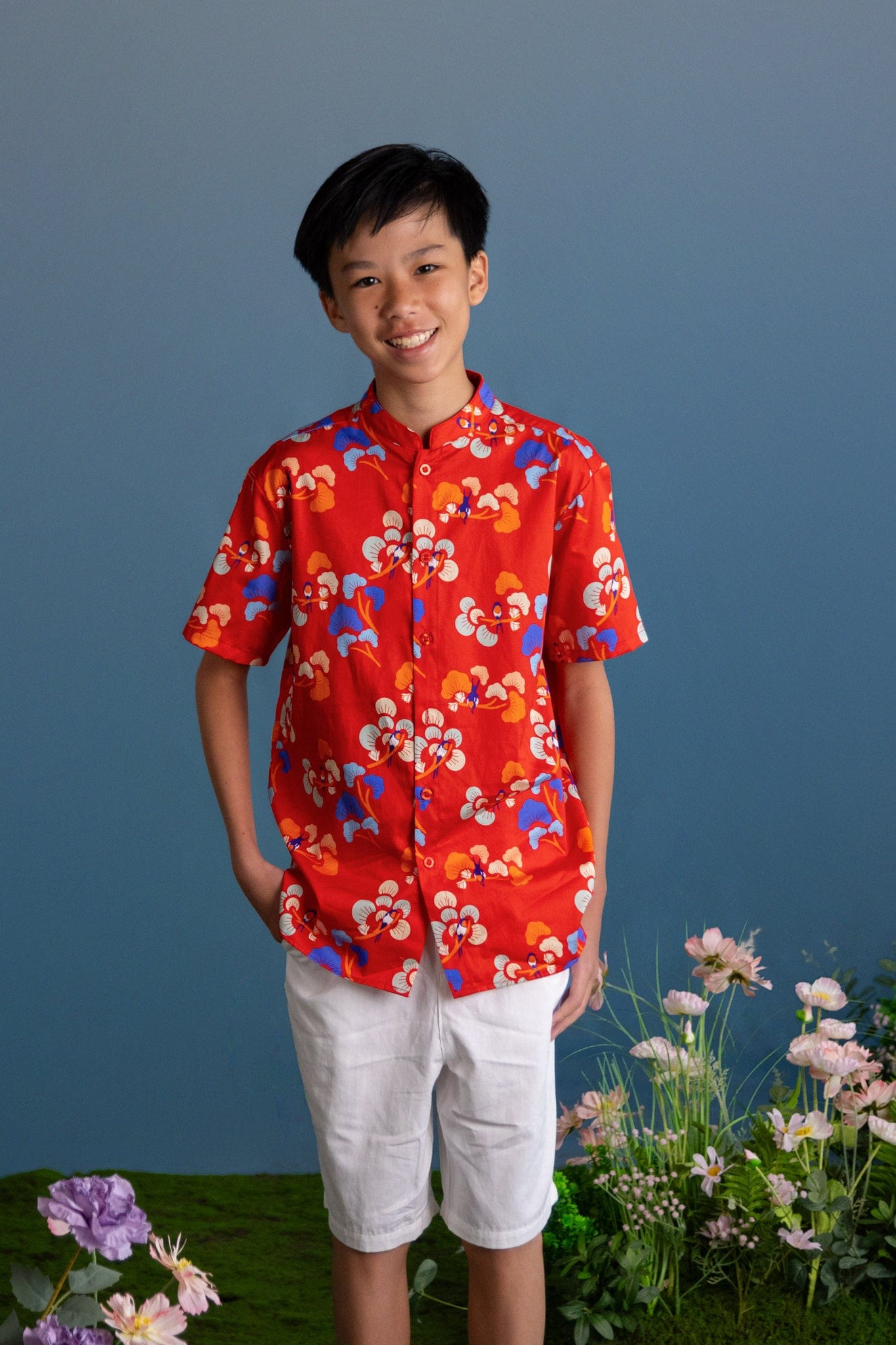 Mandarin-collared Shirt - Red Tree Songbirds