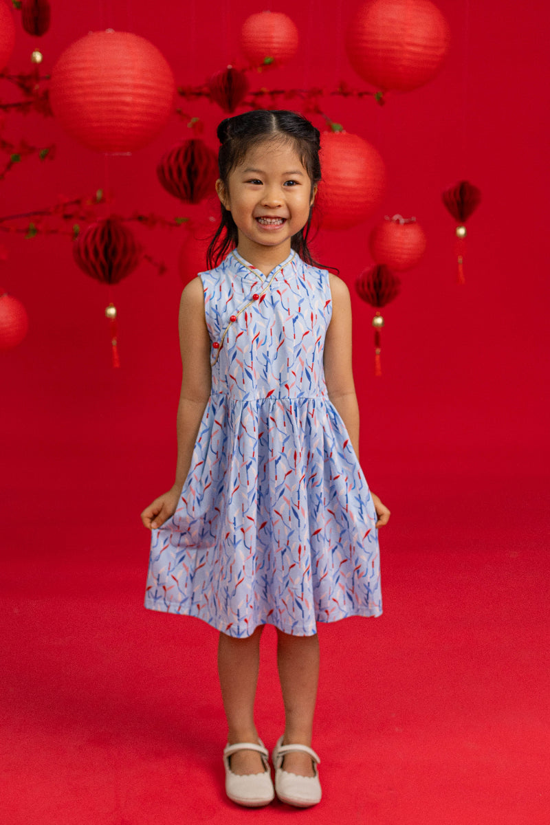 blue lucky bamboo Jersey Luna Cheongsam
