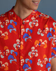 Men's Mandarin-collared Shirt - Red Tree Songbirds