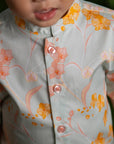 Mandarin-collared Shirt - Teal Orchid Garden