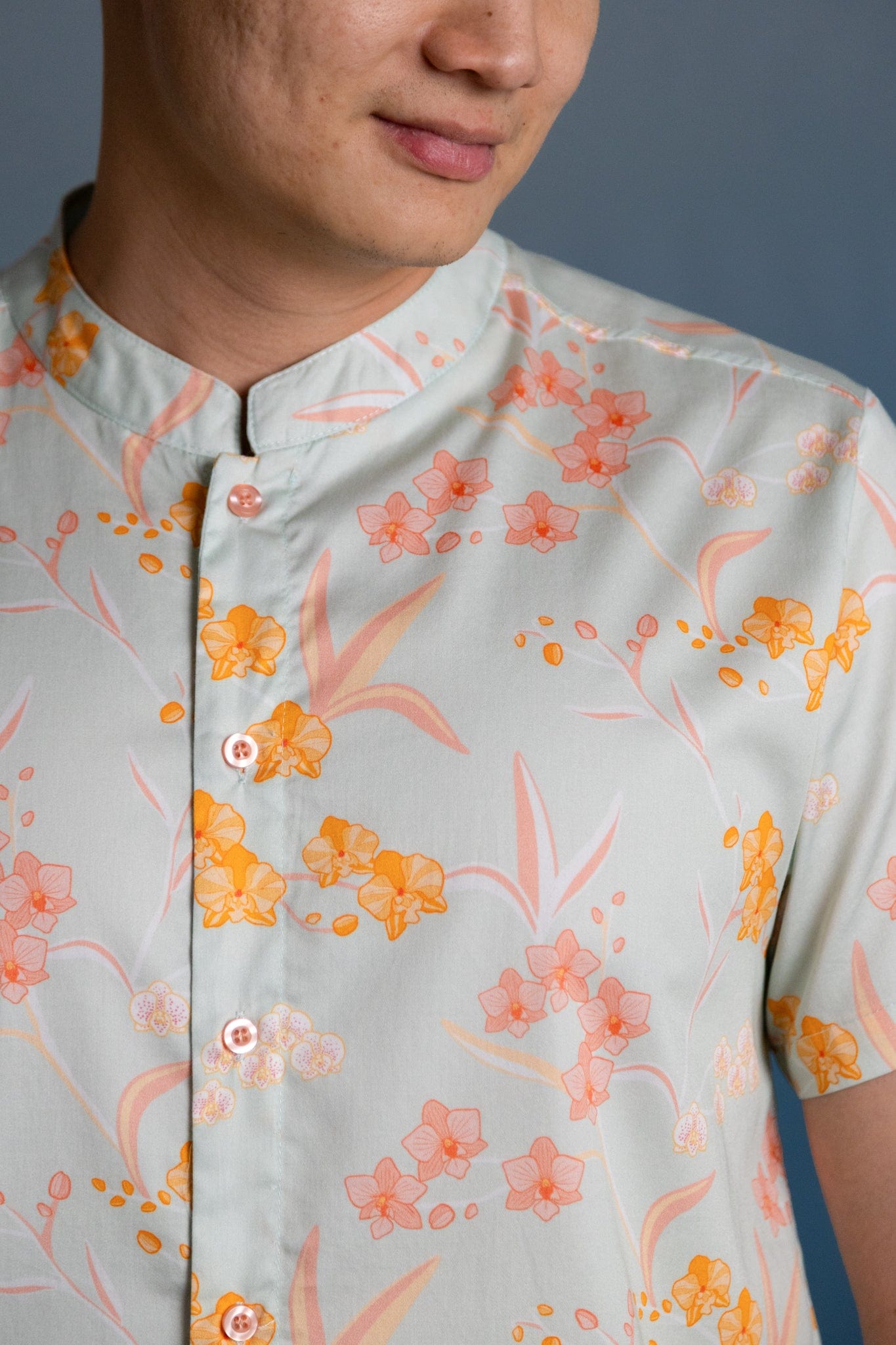 Men's Mandarin-collared Shirt - Teal Orchid Garden