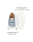 Infographic showing the FreetoGrow wide toe box and ThintoFeel barefoot sole on kids' Ramp Sneakers.
