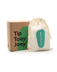 Tip Toey Joey branded sustainable packaging including a cardboard box and fabric dust bag.