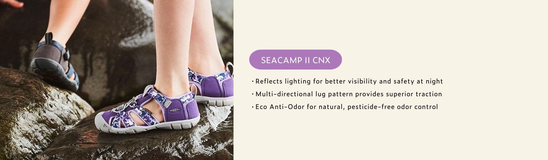 Seacamp II CNX sandals features, walking on rocks.