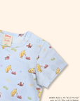 Classic Pooh baby onesie in blue with train print, soft cotton fabric