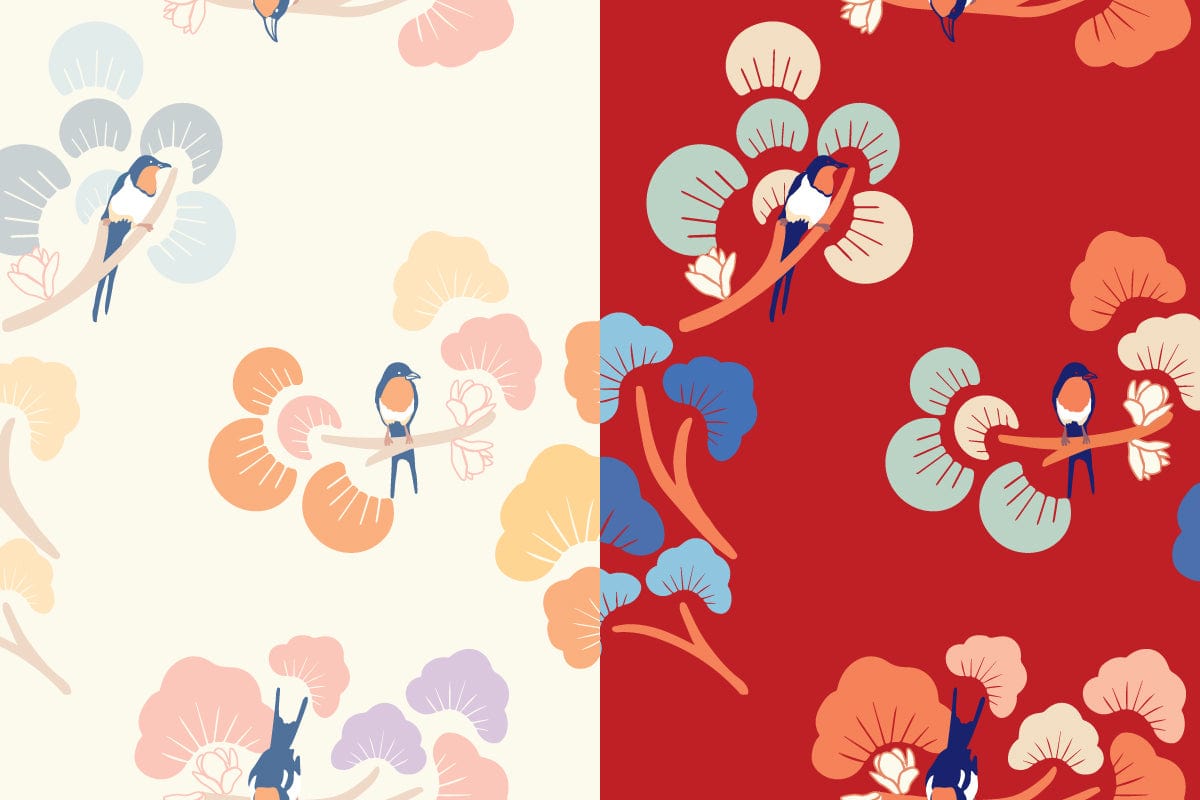 Songbirds on branches, repeating pattern