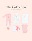 Sweet Dreams Baby Gift Set flatlay featuring personalised towel, bathrobe, bamboo outfits and teether