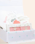 Open Sweet Dreams Baby Gift Set showing personalised baby essentials and silicone teether inside gift box
