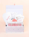Sweet Dreams Baby Gift Set with personalised baby towel, bathrobe, bamboo outfit set and silicone teether in gift box