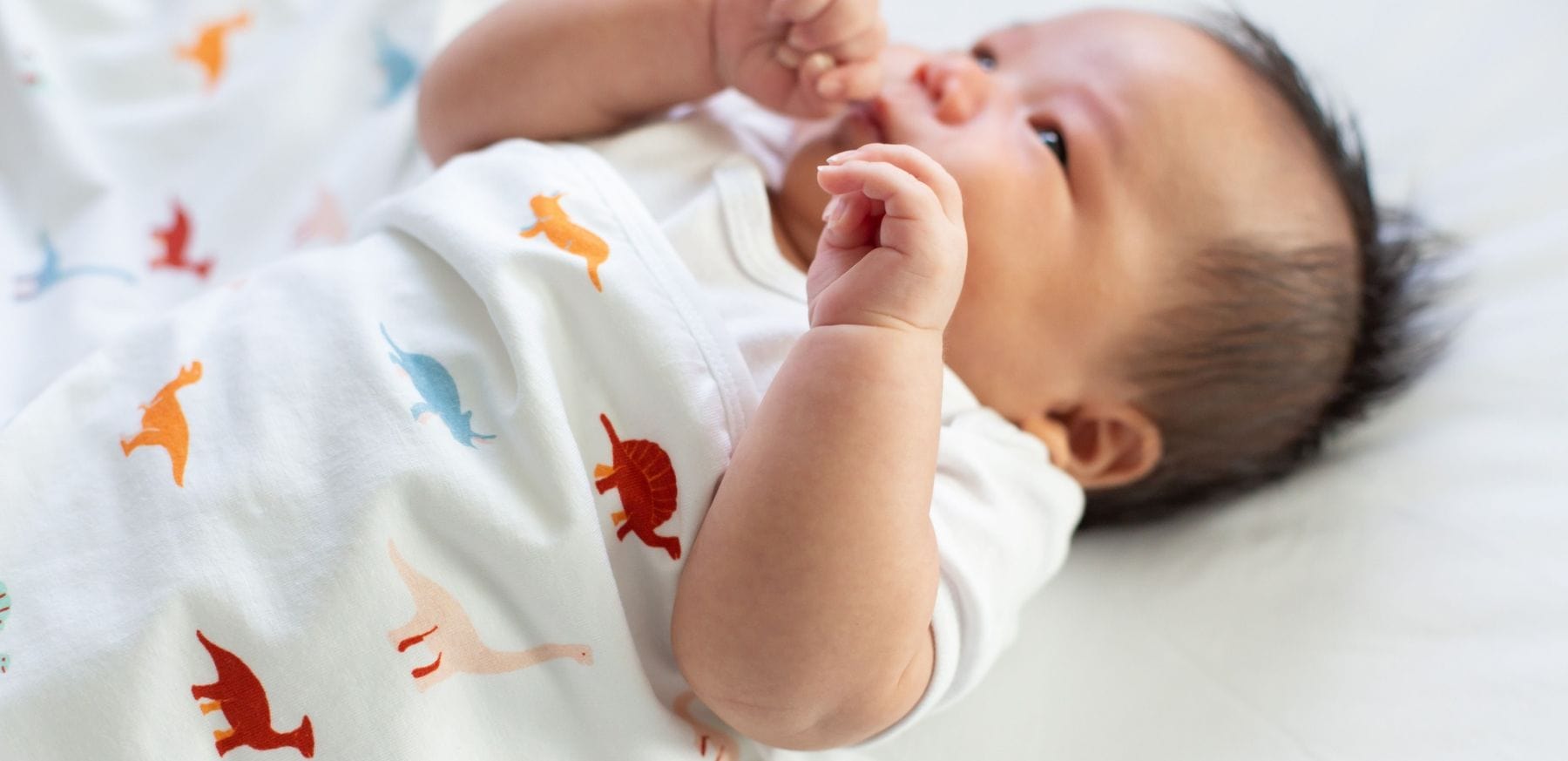 Baby in bamboo blanket with dinosaur pattern