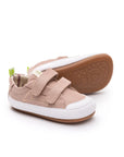 Pair of Tip Toey Joey Bossy Green Sneakers in Lona Rosa Quartzo, baby first walker shoes