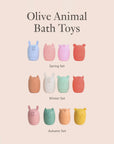 Olive animal bath toy colour sets in Spring, Winter, and Autumn pastel combinations