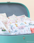 Collection of baby products with illustrations in a teal gift box
