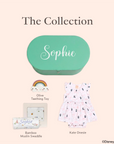 Collection of baby items including kate onesie in pink hello minnie, teething toy, and personalised bamboo muslin swaddle